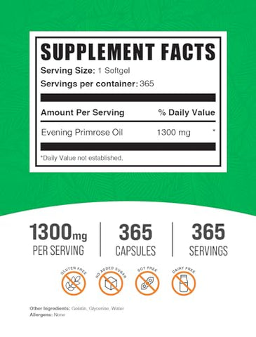Evening Primrose Oil Softgels 1300mg – GLA, Ômega 6, 365 Cápsulas – BulkSupplements.com