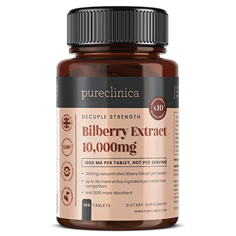 pureclinica - Bilberry Extract 10.000mg x 180 Comprimidos – 10X Mais Antocianidina + 5mg Pimenta Preta por Comprimido