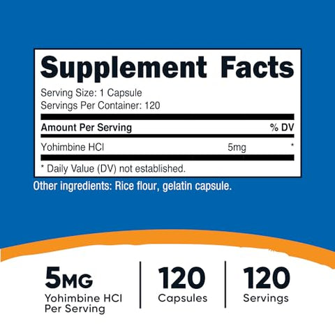 Yohimbine HCl 5mg – 120 Cápsulas | Livre de Glúten e Não-OGM - Nutricost