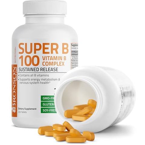 Super B 100 Complexo de Vitamina B de Liberação Sustentada Contém Todas as Vitaminas B (Vitamina B1, B2, B3, B6, B9 – Ácido Fólico, B12) Suporta o Metabolismo Energético – 100% Natural e Potente - Bronson