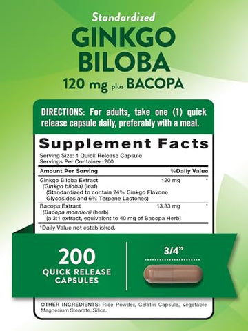 Nature's Truth - Nature’s Truth Ginkgo Biloba 120mg + Bacopa | 200 Cápsulas de Liberação Rápida | Extrato Padronizado | Suplemento Livre de OGM e Glúten