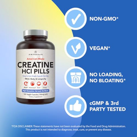 Creatine HCl Pills: American Made CON-CRET. 120 Veggie Capsules. 7X Concentrado vs Pó Monohidratado. Suporta o Crescimento Muscular, Energia, Função Cognitiva, Recuperação - AMANDEAN