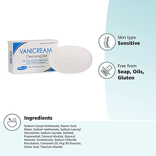 Cleansing Bar | Livre de Fragrâncias, Glúten e Sulfatos | Para Pele Sensível | Limpa e Hidrata Suavemente, 3,9 Ounce (Embalagem com 12 Unidades) | Marca Vanicream - Vanicream