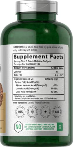 Óleo de Linhaça Cápsulas Softgel 3000mg | 300 Unidades | Alta Potência | com Ômega 3 6 9 | Livre de Transgênicos, Sem Glúten | Linhaça Prensada a Frio - Horbäach