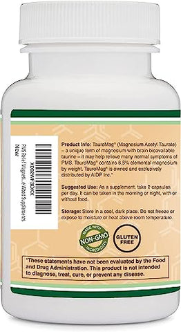 Double Wood Supplements - Magnésio Acetil-Taurato (ATA MG, TauroMag) Fórmula Inovadora e Patenteada de Magnésio para Alívio de TPM e Cãibras (60 Cápsulas, 350mg) Alívio de TPM com Suplemento de Magnésio da Double Wood