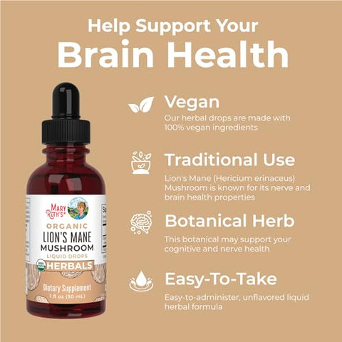 MaryRuth Organics - Suplemento de Cogumelo do Leão | Até 2 Meses de Fornecimento | Extrato de Cogumelo do Leão Orgânico Certificado USDA | Gotas Líquidas Herbais Nervinas | Saúde Cerebral | Não-OGM, Vegano, Livre de Álcool
