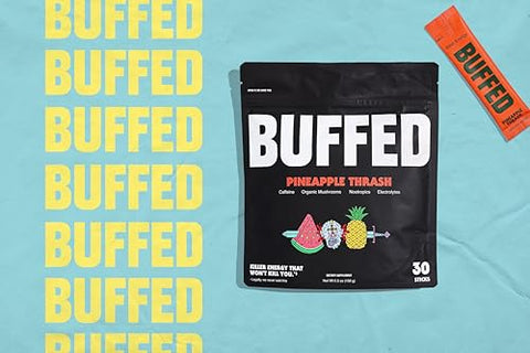 BUFFED - Pacotes de Pó Energético em Bastão, Mistura para Bebida | Pacotes de Estímulo Limpos e Saudáveis | Hidratação com 150mg de Cafeína | Nootrópicos, Cogumelos Orgânicos, Vitaminas B, Eletrólitos | 30 Pacotes de Abacaxi
