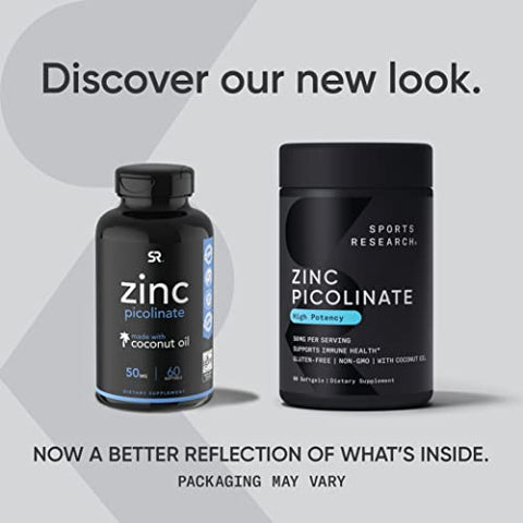 Zinco Picolinato 50mg com Óleo de Coco Orgânico | Suplemento de Zinco Altamente Absorvível para Função Imunológica Saudável – Verificado Não-OGM, Sem Glúten - Sports Research