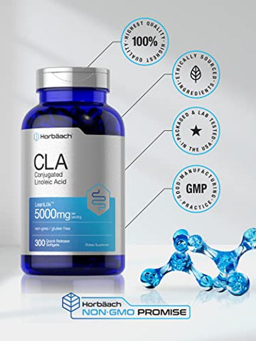 Suplemento Horbäach CLA | 300 Cápsulas Softgel | Potência Máxima | Ácido Linoleico Conjugado de Óleo de Cártamo | Livre de OGM, Sem Glúten
