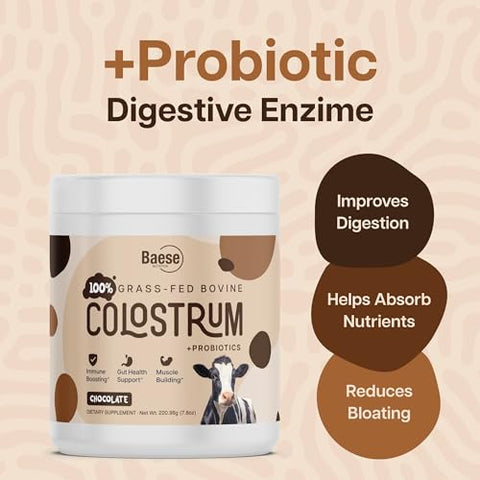 Baese Nutrition - Chocolate Orgânico em Pó de Colostro Bovino 4000mg para Humanos – Probióticos de Colostro de Gado Alimentado com Grama – Suplemento de Colostro para Crianças