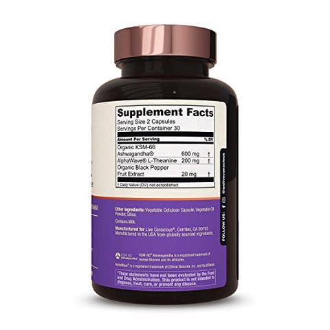 KSM-66 Ashwagandha com L-Theanine – Suplemento de Ashwagandha com Foco e Relaxamento – 60 cápsulas - Live Conscious
