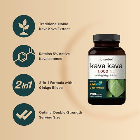Cápsulas de Kava Kava 1000mg com Ginkgo Biloba, 200 Unidades | Extrato Nobre de Raiz de Kava com Kavalactonas Ativas – Complexo de Relaxamento KavaMind à Base de Plantas, Não-OGM - NatureBell