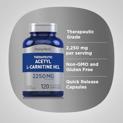 Acetyl L-Carnitine | 2250 mg | 120 Cápsulas | Suplemento Terapêutico HCL | Livre de OGM, Sem Glúten - Piping Rock