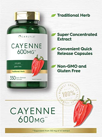 Cápsulas de Pimenta Caiena 600mg | 350 Comprimidos | Suplemento Livre de Transgênicos e Glúten - Carlyle