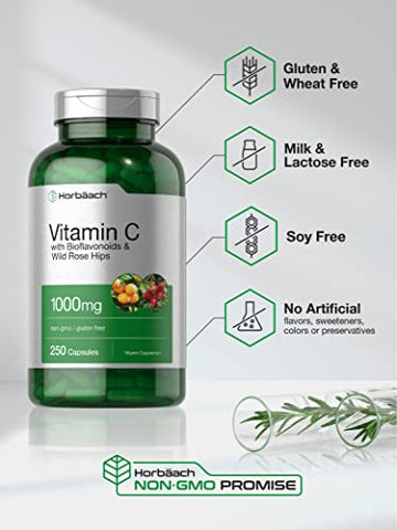 Vitamina C 1000mg | 250 Cápsulas | com Bioflavonoides e Rose HIPS | Suplemento Sem GMO, Sem Glúten | Fórmula de Alta Potência - Horbäach