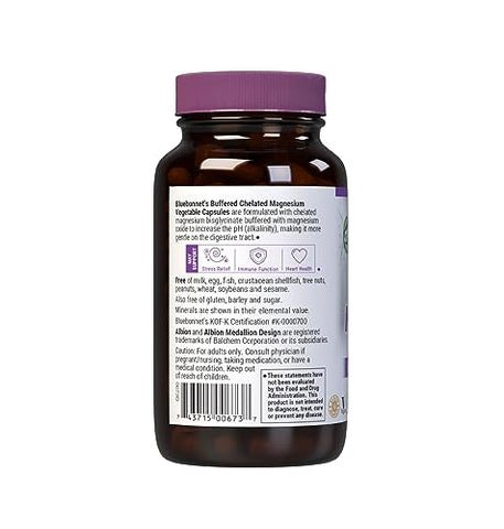 Nutrition Albion Buffered Chelated Magnesium 200 mg – Alívio do Estresse, Vegano, Sem OGM, Sem Glúten, Sem Soja, Sem Leite, Kosher – 120 Cápsulas Vegetais - Bluebonnet