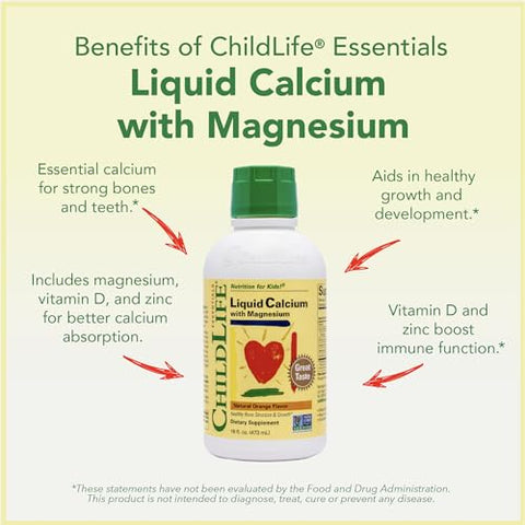 Suplemento de Cálcio Líquido para Crianças com Magnésio, Zinco e Vitamina D3 – Sabor Laranja, 473 ml (1 Pacote) - CHILDLIFE ESSENTIALS