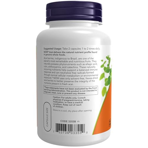 Suplementos, Açaí 500 mg, Fruta Supercongelada com Polifenóis, Ácido Elágico, Rutina, Antocianinas e Catequinas, 100 Cápsulas Vegetais - NOW Foods