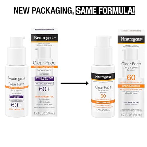 Protetor Solar Neutrogena Clear Face Serum com Chá Verde, FPS 60, Proteção UVA/UVB Leve, Não Comedogênico – 50g