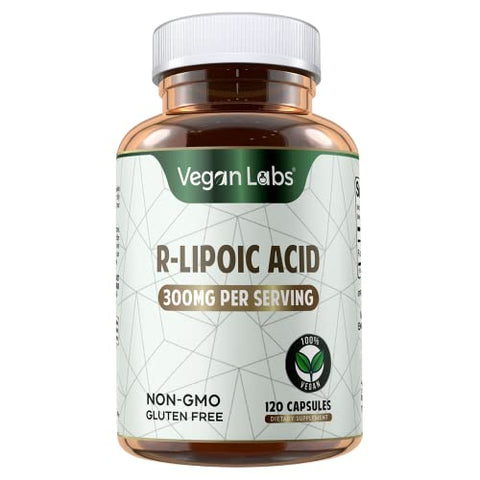 Ácido R-Lipoico 300MG, 120 Cápsulas Veganas – Suporte à Energia Celular e Proteção Antioxidante – Livre de Glúten, Não-OGM, Suplemento de R-ALA Estabilizado – Fornecimento de 4 Meses - Vegan Labs