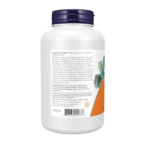 Suplementos, Magnésio Glicinato com BioPerine, 180 Cápsulas Vegetais - NOW Foods
