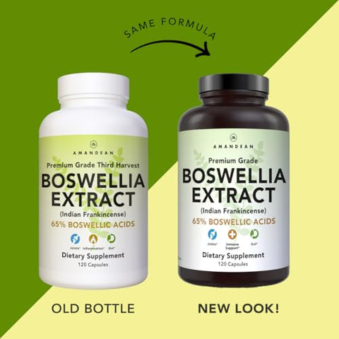 Extrato de Boswellia Serrata. 500mg 120 Cápsulas Vegetais. 65%% Ácidos Boswélicos com AKBA. Incenso Indiano para Suporte à Saúde das Articulações. Embalagem Pode Variar - AMANDEAN