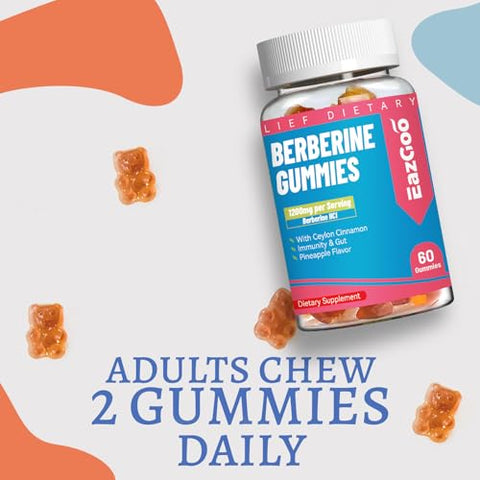 EAZGOO - Berberine Gummies 2 Unidades – 1200mg com Canela do Ceilão para Metabolismo e Energia, Vegano Sem Gelatina – 120 Unidades