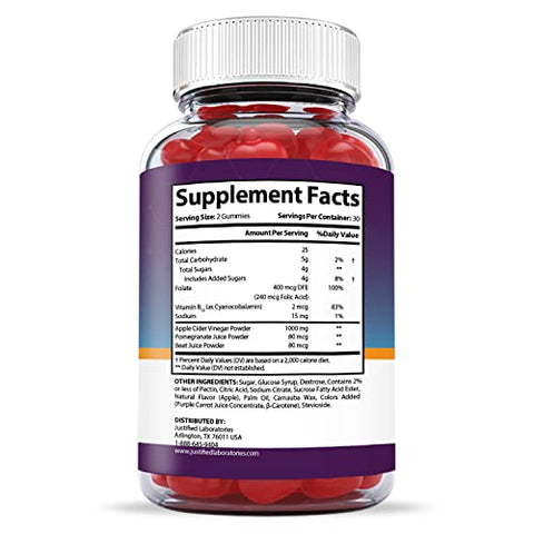 Justified Laboratories - (2 Pacotes) Real Vita Keto ACV Gummies 1000MG com Suco de Romã, Beterraba e Vitamina B12 – 120 Gomas