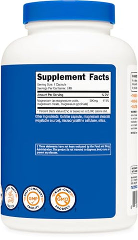 Complexo de Magnésio 500mg, 240 Cápsulas – Óxido, Citrato e Glicinato de Magnésio – Livre de Glúten e Não-OGM - Nutricost