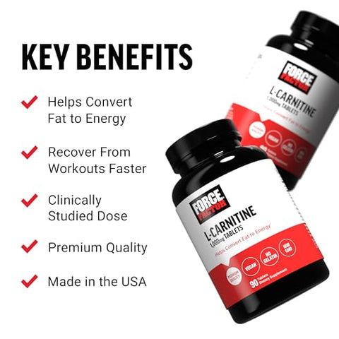 Force Factor - Suplemento FORCE FACTOR L-Carnitina, L-Carnitina Tartarato 1000mg em Comprimidos para Converter Gordura em Energia, Apoiar a Recuperação Muscular e Aumentar o Desempenho nos Exercícios, Vegano, Não-OGM, 90 comprimidos