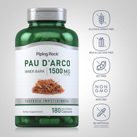 Cápsulas de PAU d’Arco | 1500mg | 180 Unidades | Casca Interna | Extrato Herbal | Não-OGM, Sem Glúten - Piping Rock