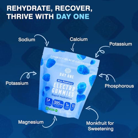 Day One - Electrogummies Blue Raspberry – Gomas Eletrolíticas com 385mg de 5 Eletrólitos Essenciais – Alternativa de Hidratação a Pós, Comprimidos, Gomas – Para Corredores, Esportes de Resistência