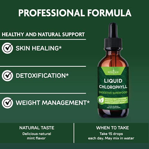 NEW AGE - Gotas Líquidas de Clorofila – Concentrado Natural – Estimulante de Energia, Suporte à Digestão e Sistema Imunológico, Desodorante Interno, Função Hepática – (60 ml (Pacote com 4))