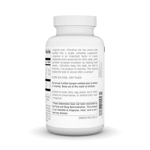 Complexo de L-Arginina e L-Citrulina, 120 Comprimidos, 1000 mg – Suplemento para Saúde e Bem-Estar - Source Naturals