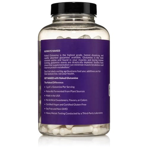 Naked Nutrition - Naked L-Glutamina Cápsulas para Recuperação Muscular, 1000mg, 240 Unidades, Fabricado nos EUA, Livre de OGM, Sem Glúten e Soja