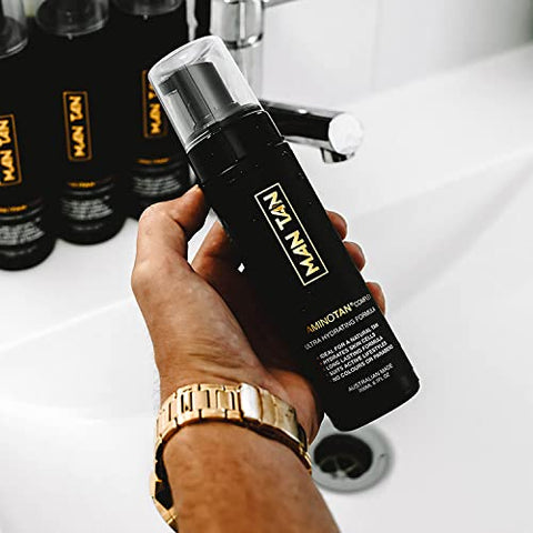 Man Tan - MAN TAN Kit Inicial Bronzeador Sem Sol Para Homens | AMINOTAN – A Melhor Espuma Autobronzeadora Transparente Para Homens Funciona Com Cabelo à Prova de Suor (Luva)