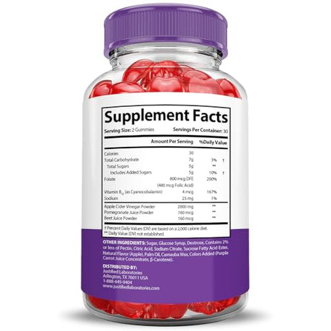 Justified Laboratories - Ultra Quick Keto ACV Gummies Extreme 2000MG – Gomas Ultraquick Keto de Vinagre de Maçã Formuladas com Pó de Romã e Beterraba, Vitamina B12, Veganas, Não Transgênicas – 60 Gomas