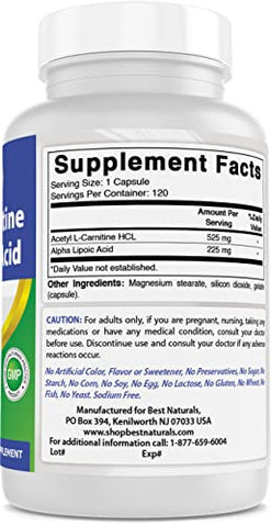 Best Naturals - Melhor Naturals Acetyl L-Carnitina e Ácido Alfa Lipóico 750 mg 120 Cápsulas (120 Unidades – Pacote com 3)
