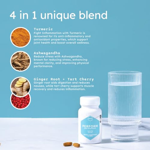 Perform – Alívio de Dores nas Articulações e Rigidez – Cúrcuma, Ashwagandha, Raiz de Gengibre, Cereja Azeda – 60 Comprimidos – Orgânico Certificado USDA – Fabricado nos EUA - MEND