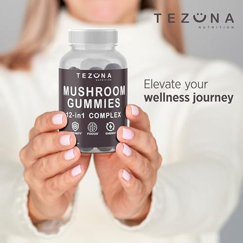 Tezuna Nutrition - Mushroom Gummies 2 Pack – Complexo de 12 em 1, 3000mg – Cogumelo do Leão, Cogumelo do Peru, Reishi, Cordyceps, Extrato de Cogumelos – Suplemento Nootrópico para Memória e Foco