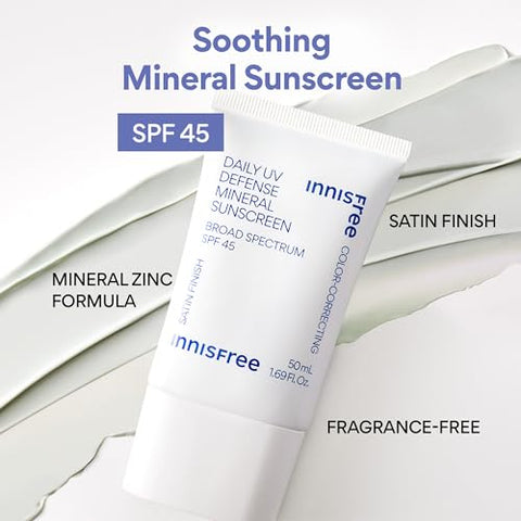 Protetor Solar Mineral innisfree Daily UV Defense SPF 45 com Ácido Hialurônico – Tonalidade Verde Corretora