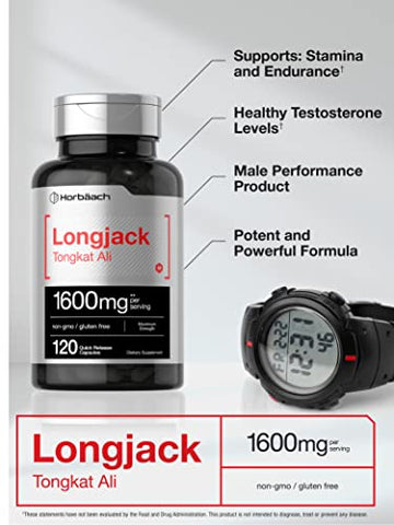 Longjack Tongkat Ali 1600 mg | 120 Cápsulas | Extrato de Raiz de Longifolia em Pó | Fórmula de Força Máxima | Livre de OGM, Sem Glúten - Horbäach