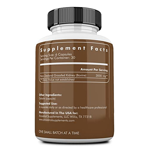 Suplemento de Rim de Gado Alimentado com Capim da Ancestral Supplements, 3000mg, Enzima DAO, Suporte Renal para Saúde Urinária e Histamínica, Selênio, B12, Não Transgênico, 180 Cápsulas