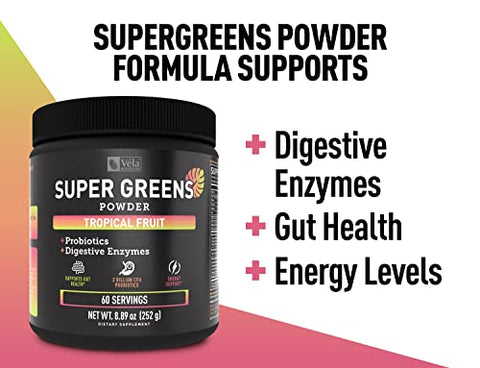Véla - Super Greens em Pó | Superfood para Apoiar Enzimas Digestivas e Reduzir Inchaço com 2 Bilhões de Probióticos | Aumente os Níveis de Energia