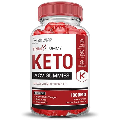Justified Laboratories - Trim Tummy Keto Gummies ACV 1000MG Fórmula Avançada Maçã Vinagre de Cidra com Romã Beterraba B12 Vegano Não GMO 60 Gomas