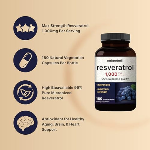Resveratrol 1000mg – 180 Cápsulas Vegetais, 99%% Puro Trans-Resveratrol, Antioxidante para Envelhecimento Saudável, Cérebro - NatureBell