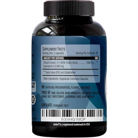 Jadee - Cápsulas Orgânicas de Shilajit Puro do Himalaia – 5000mg de Suplemento de Shilajit com 40% de Ácido Fúlvico | Marca Natural Shilajit