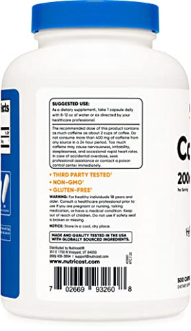 Cápsulas de Cafeína, 200mg por Porção (500 Cápsulas) - Nutricost