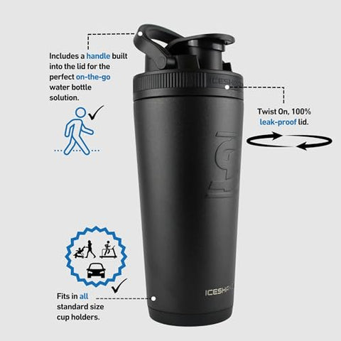 Garrafa Agitadora em Aço Inoxidável | 26oz, Preto | Mantém-se Gelado por 30 Horas | Copo Isolado com Agitador de Rosca | Copo Agitador sem Odor para Shakes de Proteína, Água - Ice Shaker