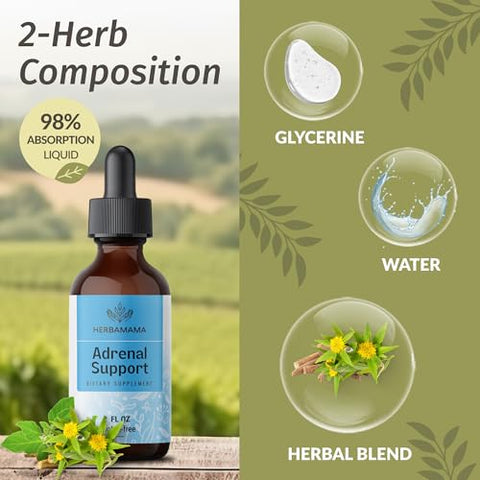 Gotas de Suporte Adrenal com Ashwagandha Pura e Extratos de Rhodiola Rosea para Energia Vegana – Álcool – 30ml - HERBAMAMA
